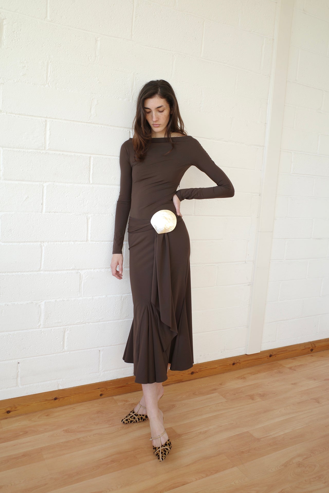 The Recycled Spandex Shell Belt Long Sleeve Dress - Brown