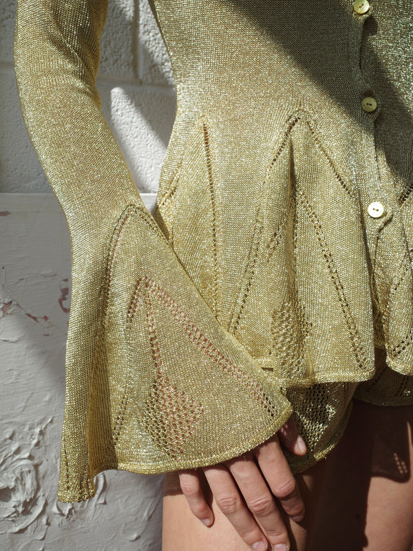 The Knit Pointelle Godet Cardigan - Gold