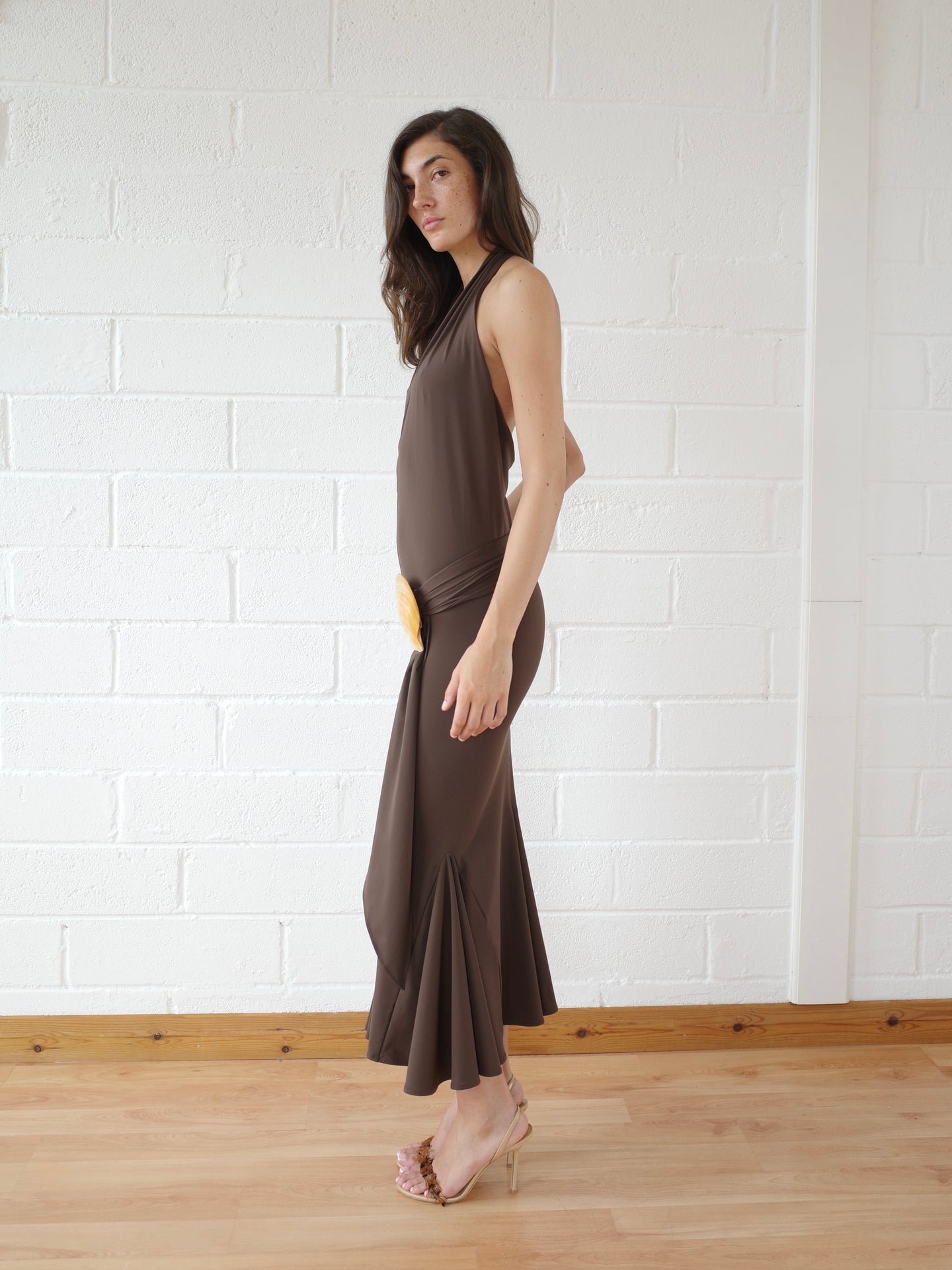 The Recycled Spandex Shell Belt Maxi Dress - Chocolate