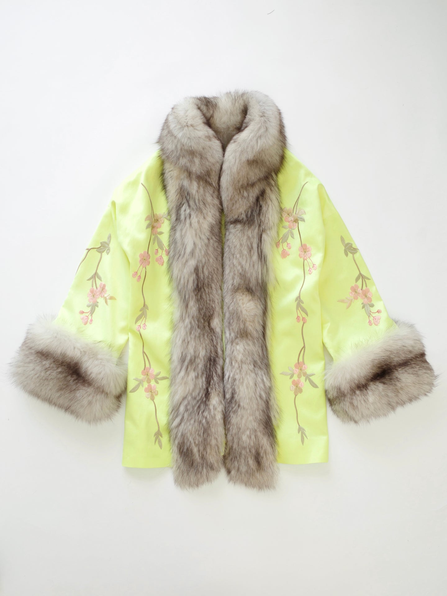 The Demi Couture Reconstituted Vintage Fur and Silk Robe - Neon Yellow